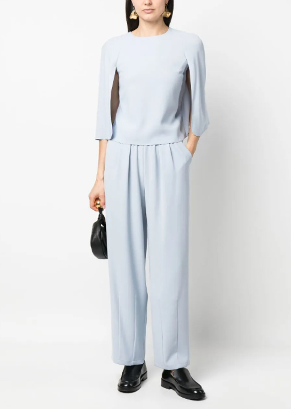 Emporio Armani Light Blue 2-Piece Cape Top , Pleated Pant Set Sz US 6/42 IT Luxe